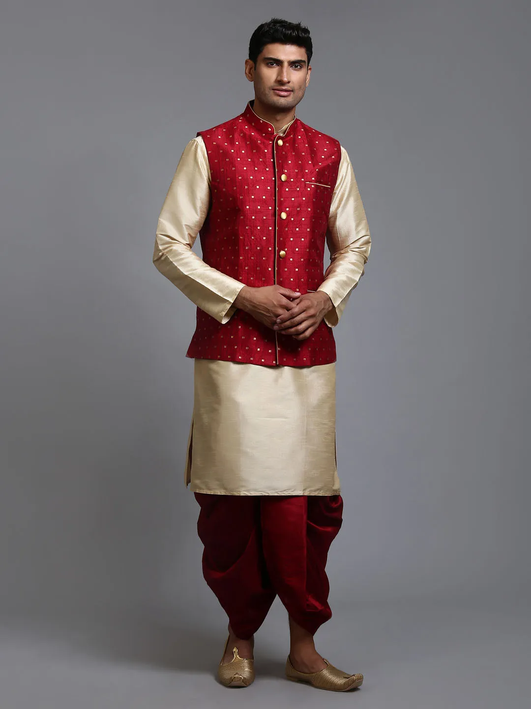 VM By VASTRAMAY Men's Maroon Zari Weaved Jacket With Kurta Dhoti Set