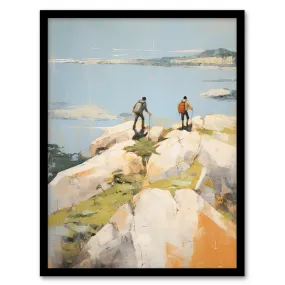 Wall Art & Pictures | Hikers Reach The Summit At Last Oil Painting Hiking Coastal Cliff Landscape Art Print Framed Poster Wa