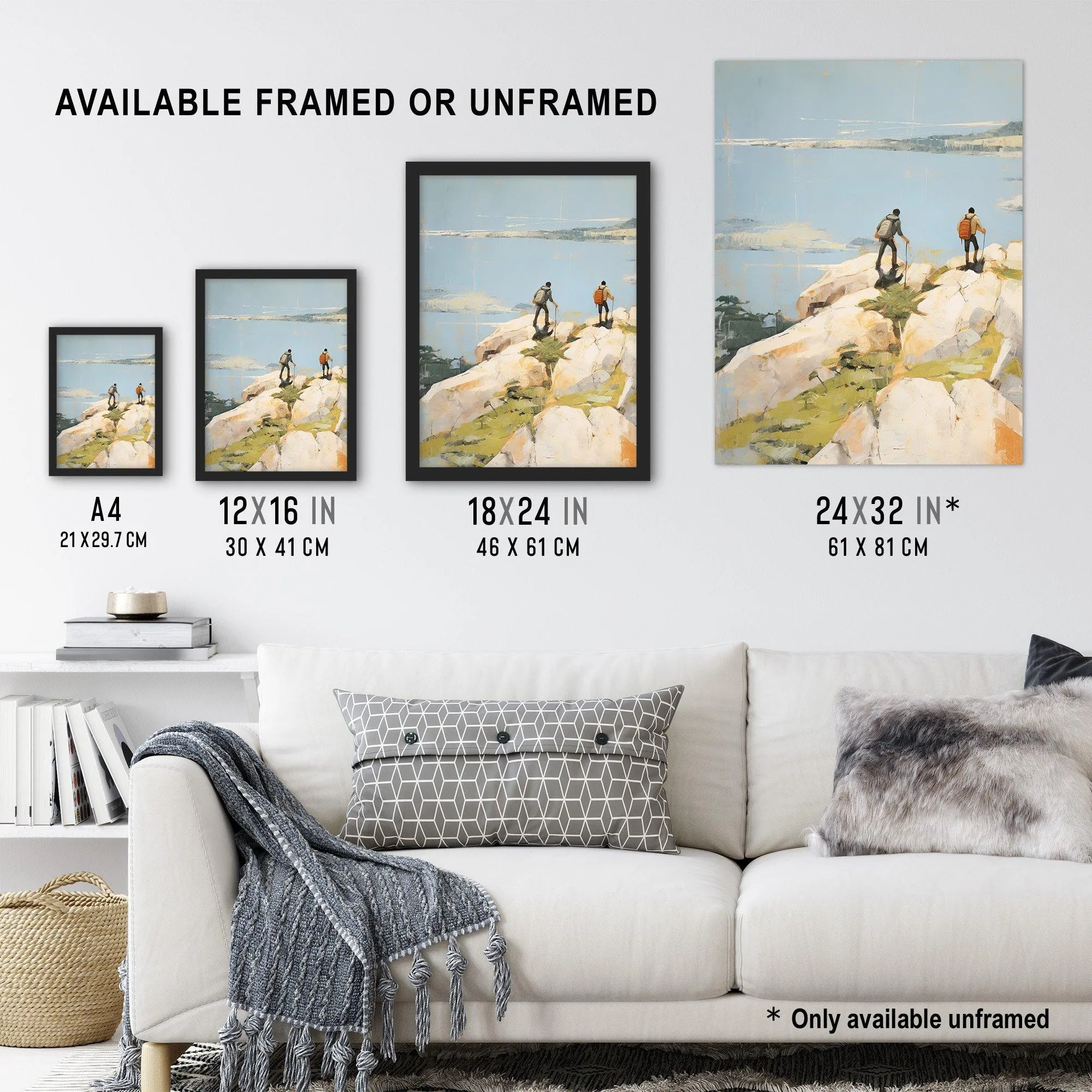 Wall Art & Pictures | Hikers Reach The Summit At Last Oil Painting Hiking Coastal Cliff Landscape Art Print Framed Poster Wa