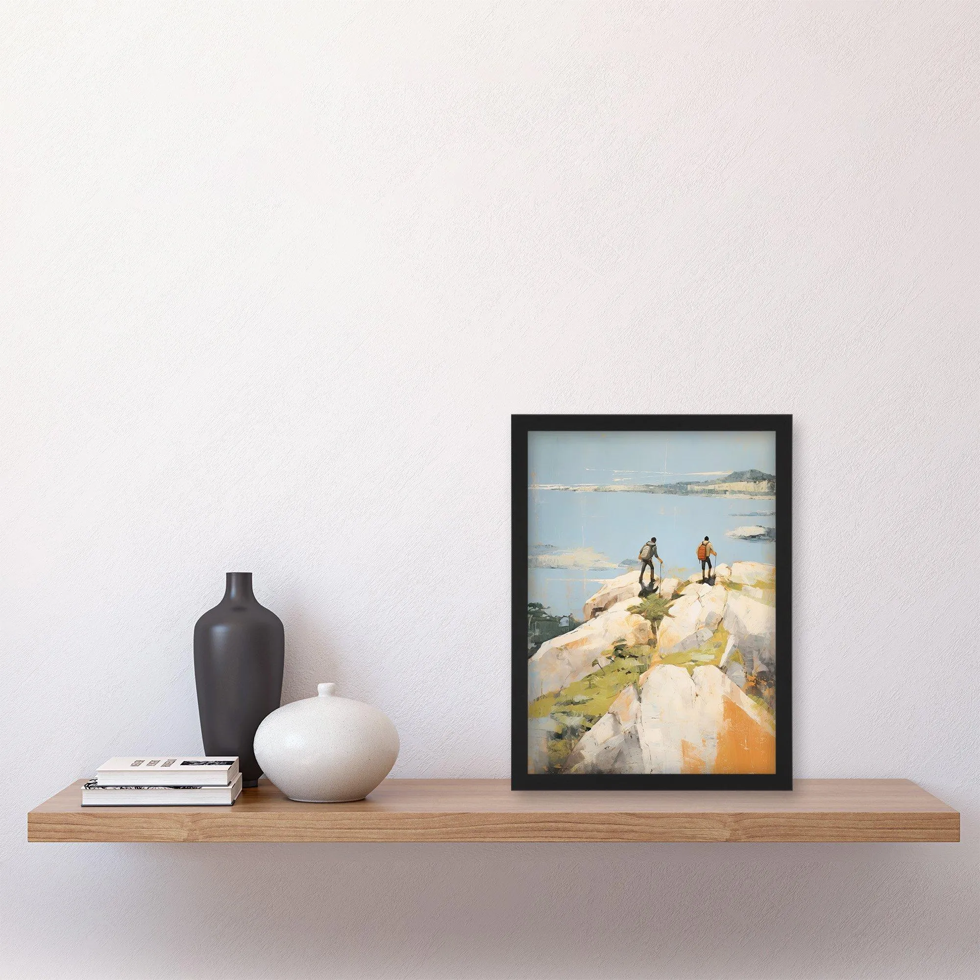 Wall Art & Pictures | Hikers Reach The Summit At Last Oil Painting Hiking Coastal Cliff Landscape Art Print Framed Poster Wa