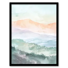 Wall Art & Pictures | Mountain Mist Forest Landscape Hiking Watercolour Framed Art Print | Artery8