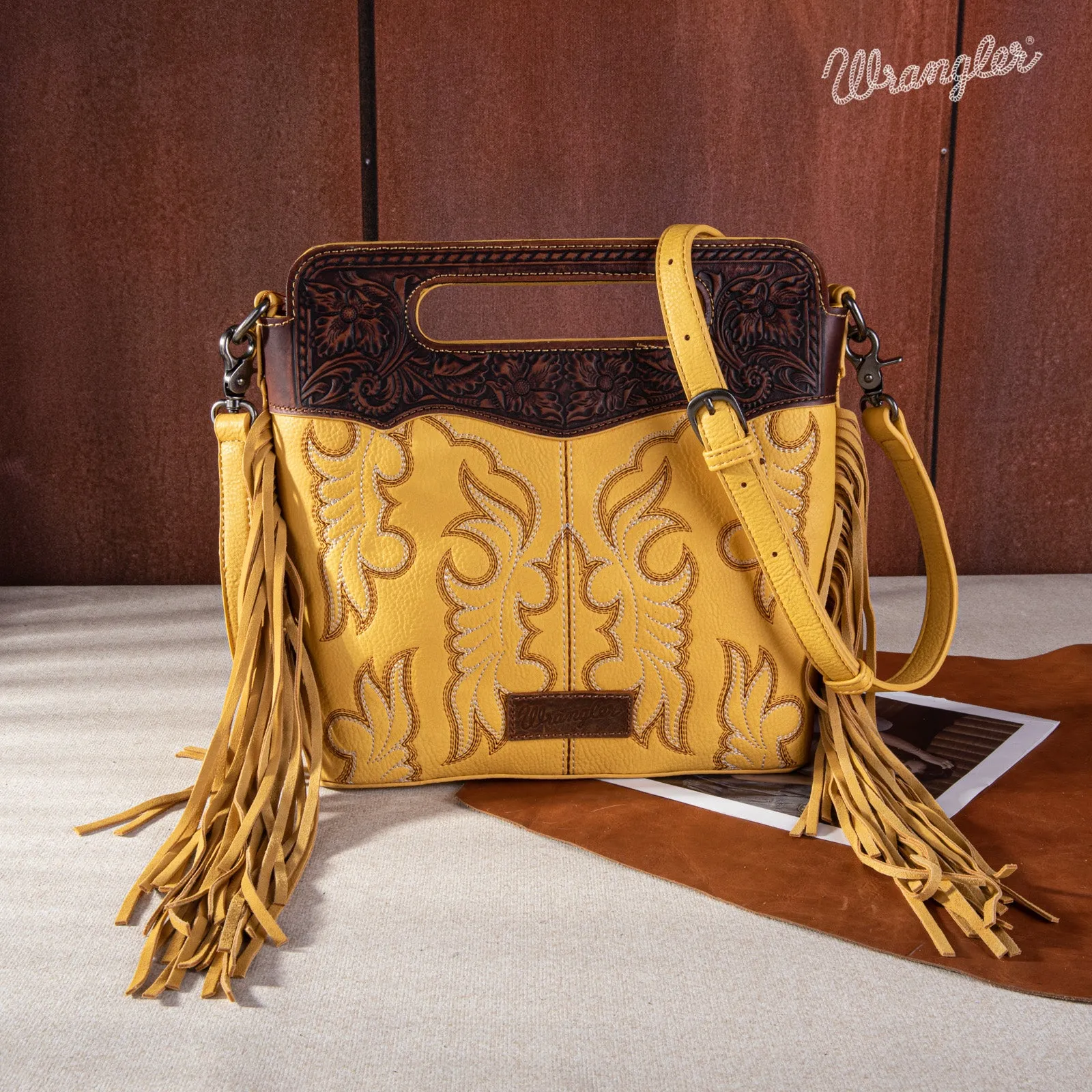 WG110-G2010  Wrangler Top Handle Embroidered Fringe Tote/Crossbody - Mustard