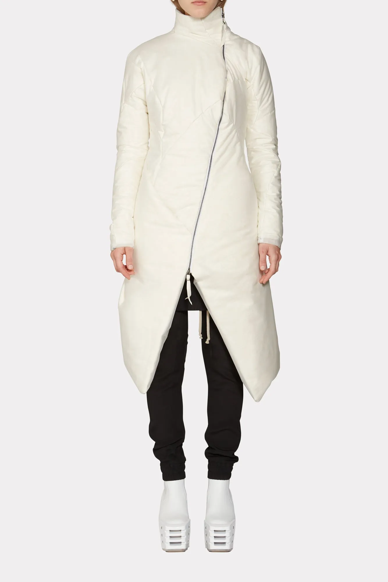 White Distortion Curved Down Coat