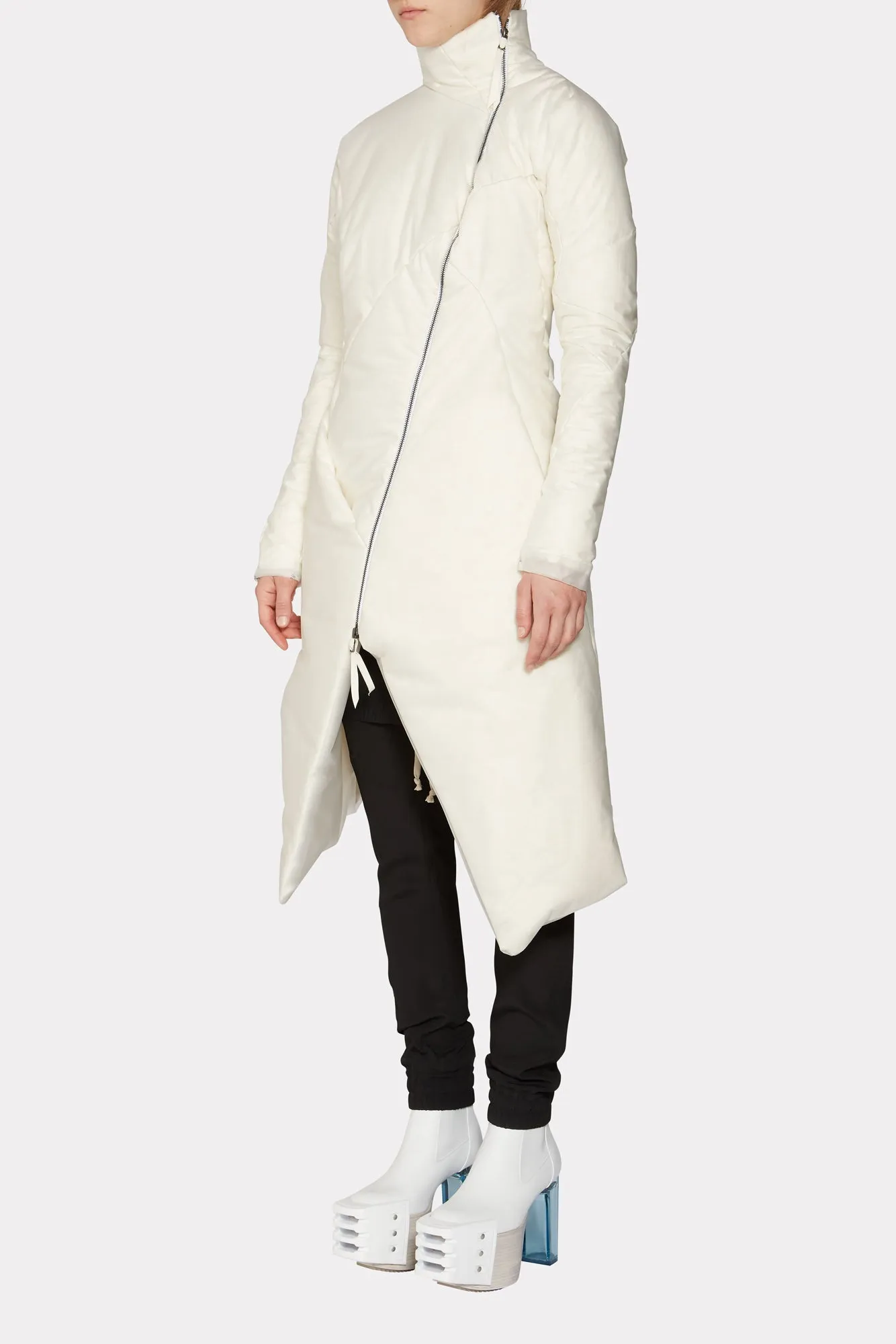 White Distortion Curved Down Coat