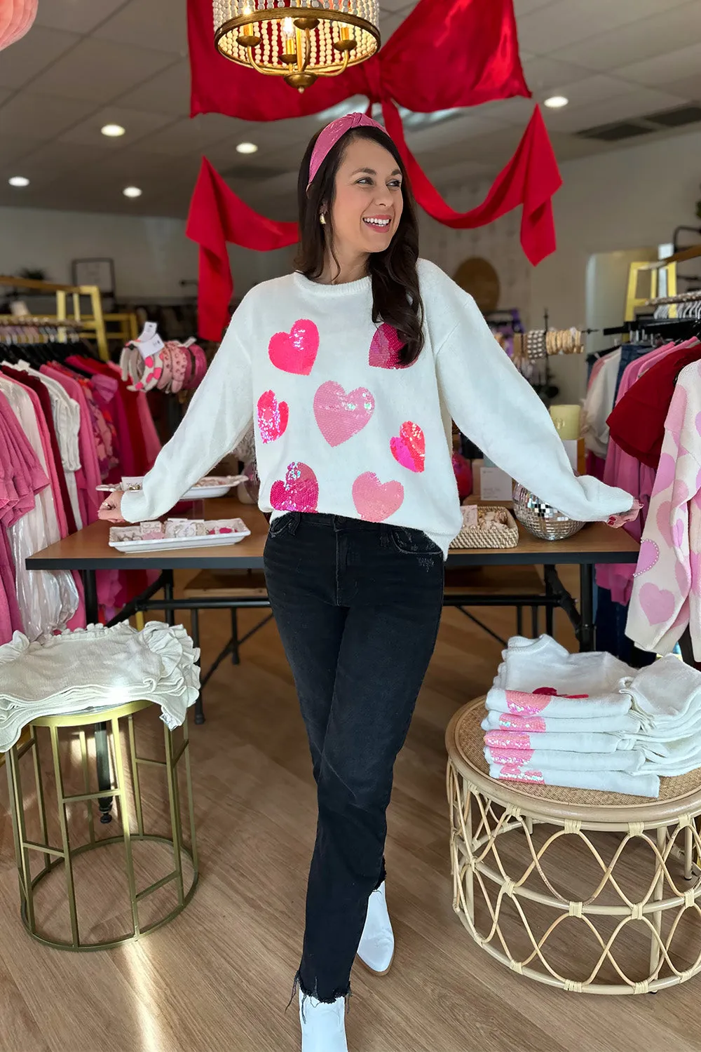 White Sweater with Sequin Hearts