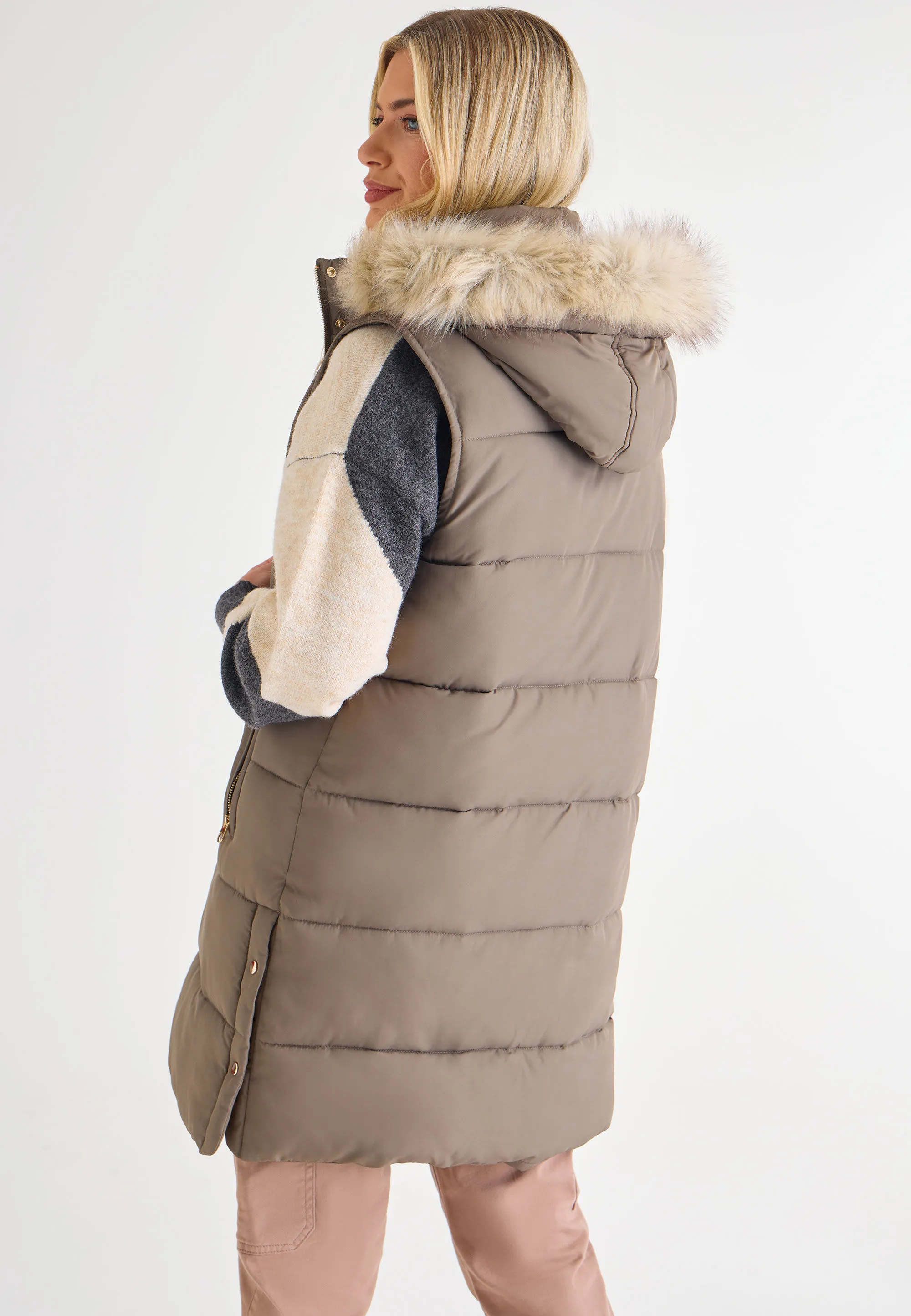 Womens Khaki Padded Hooded Gilet Jacket