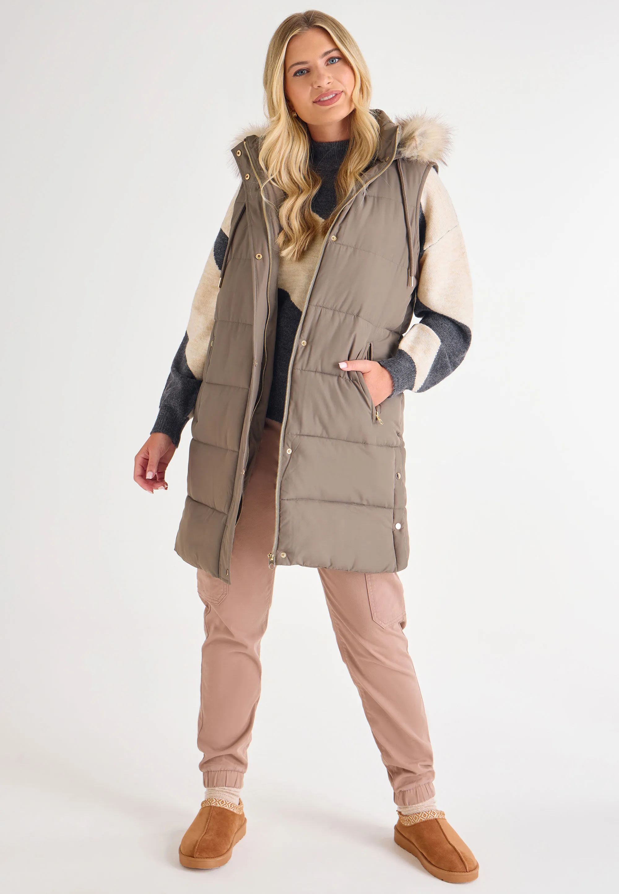 Womens Khaki Padded Hooded Gilet Jacket