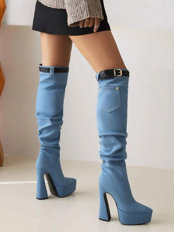 Women's Knee High Boots Denim Platform Buckle Detail Chunky Heel Boots