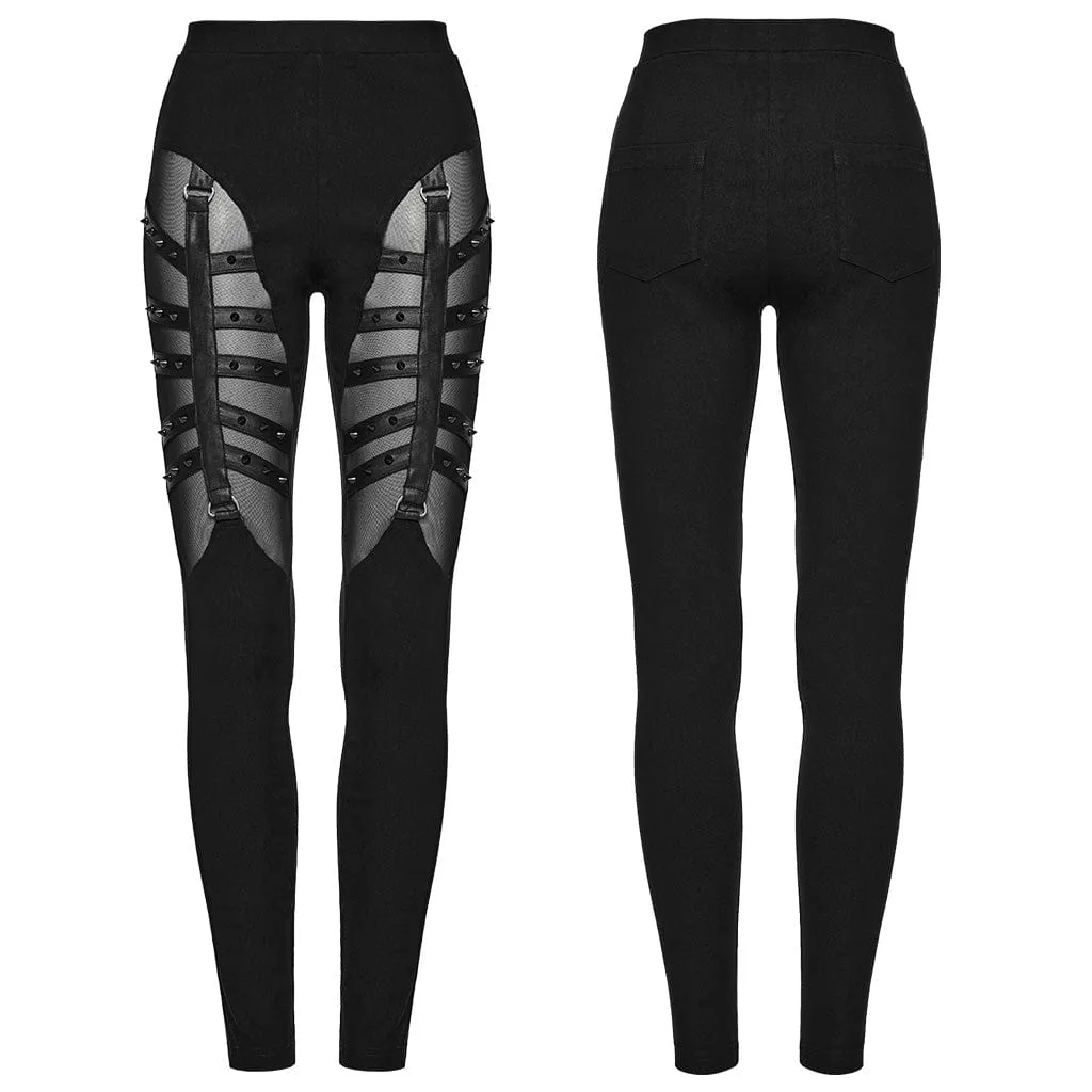 Women's Punk Mesh Strappy Stud Leggings