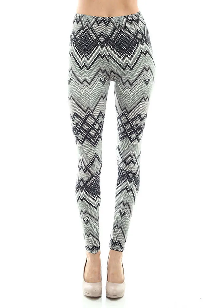 Women's Regular Tribal and Peaked Pattern Print Leggings - Grey Black