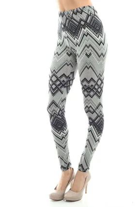 Women's Regular Tribal and Peaked Pattern Print Leggings - Grey Black