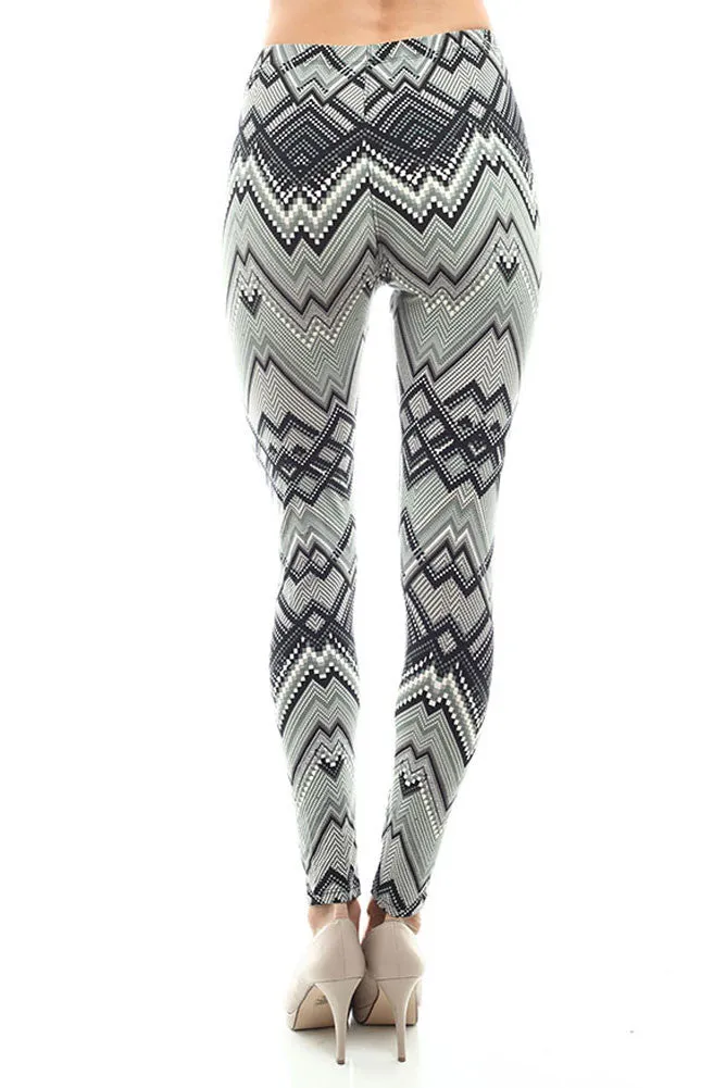 Women's Regular Tribal and Peaked Pattern Print Leggings - Grey Black