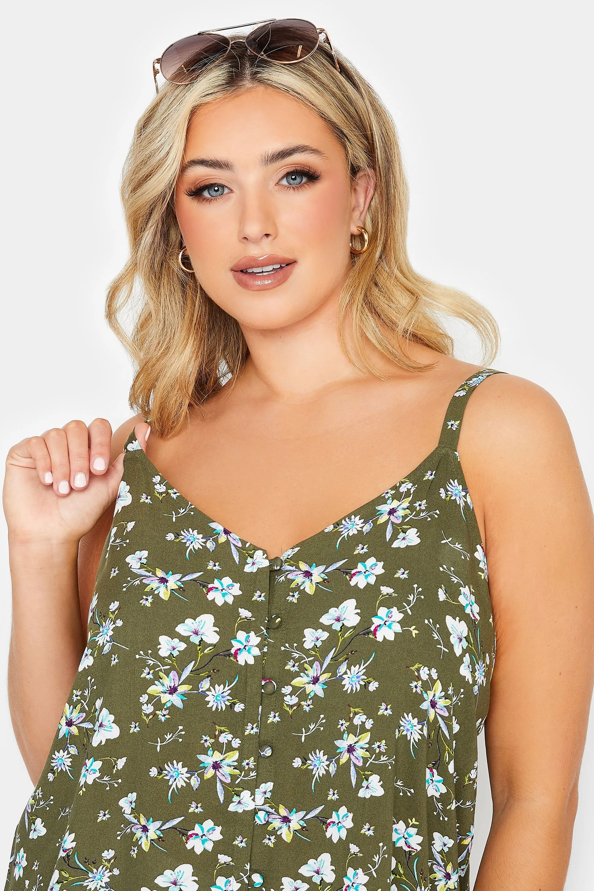 YOURS Curve Green Floral Button Cami Vest Top ONLINE SPECIAL OFFER