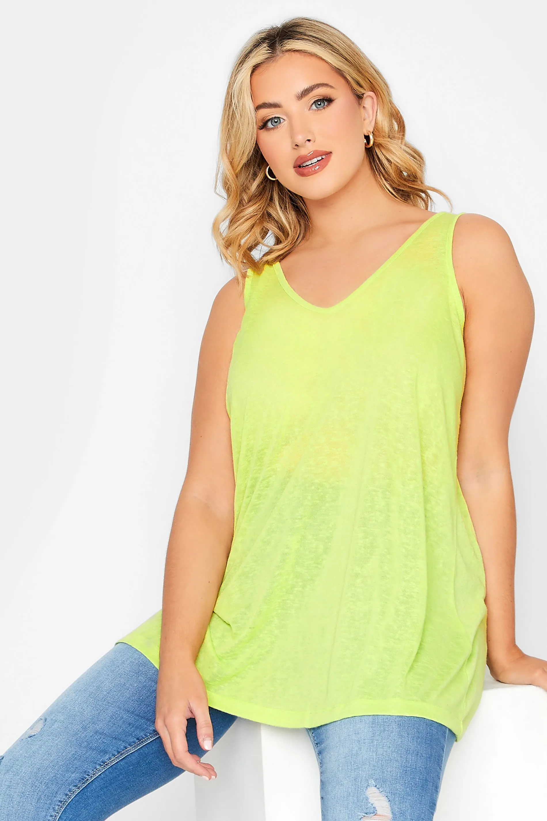 YOURS Curve Lime Green Linen Look Vest Top