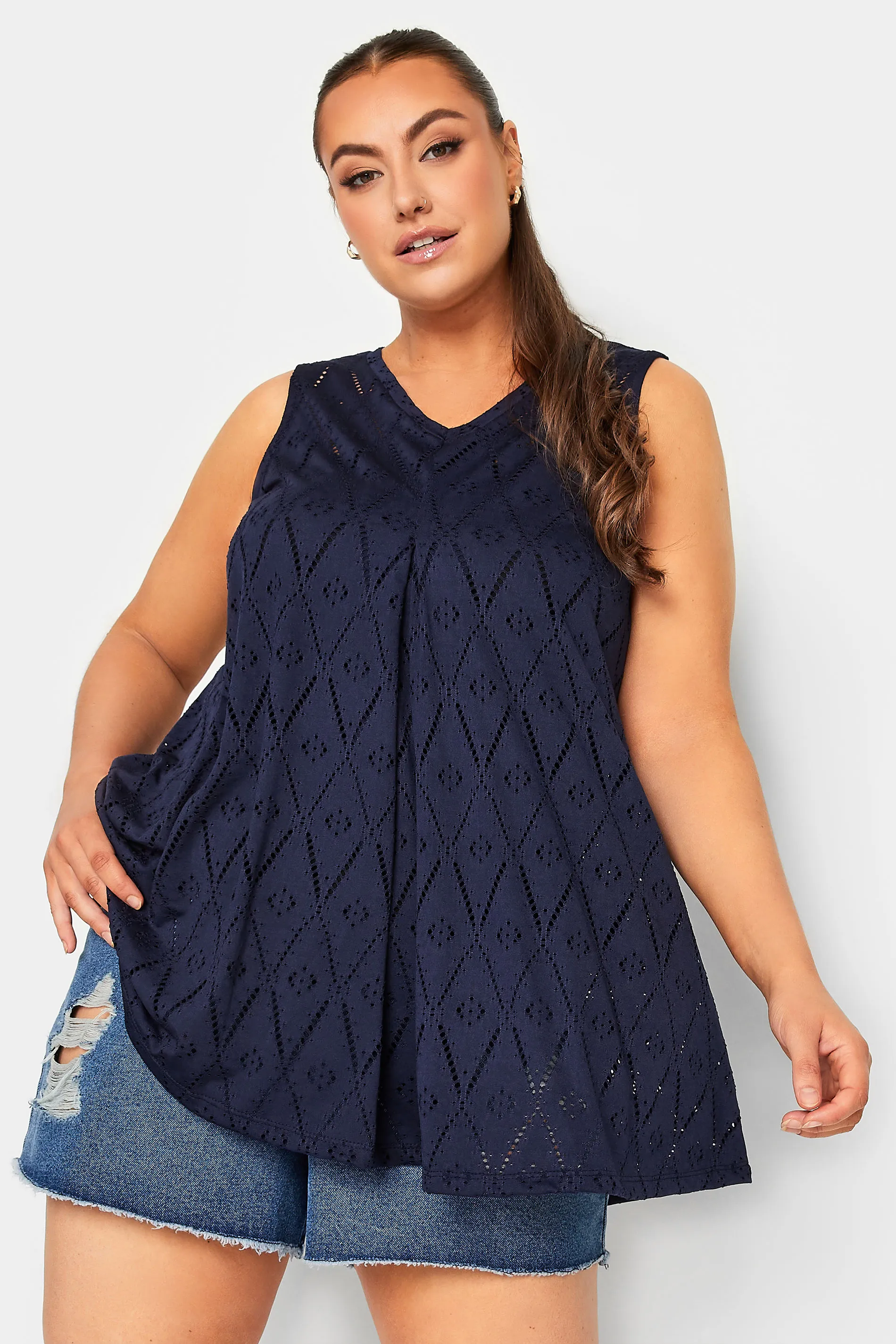 YOURS Curve Navy Blue Broderie Anglaise Pleated Vest Top