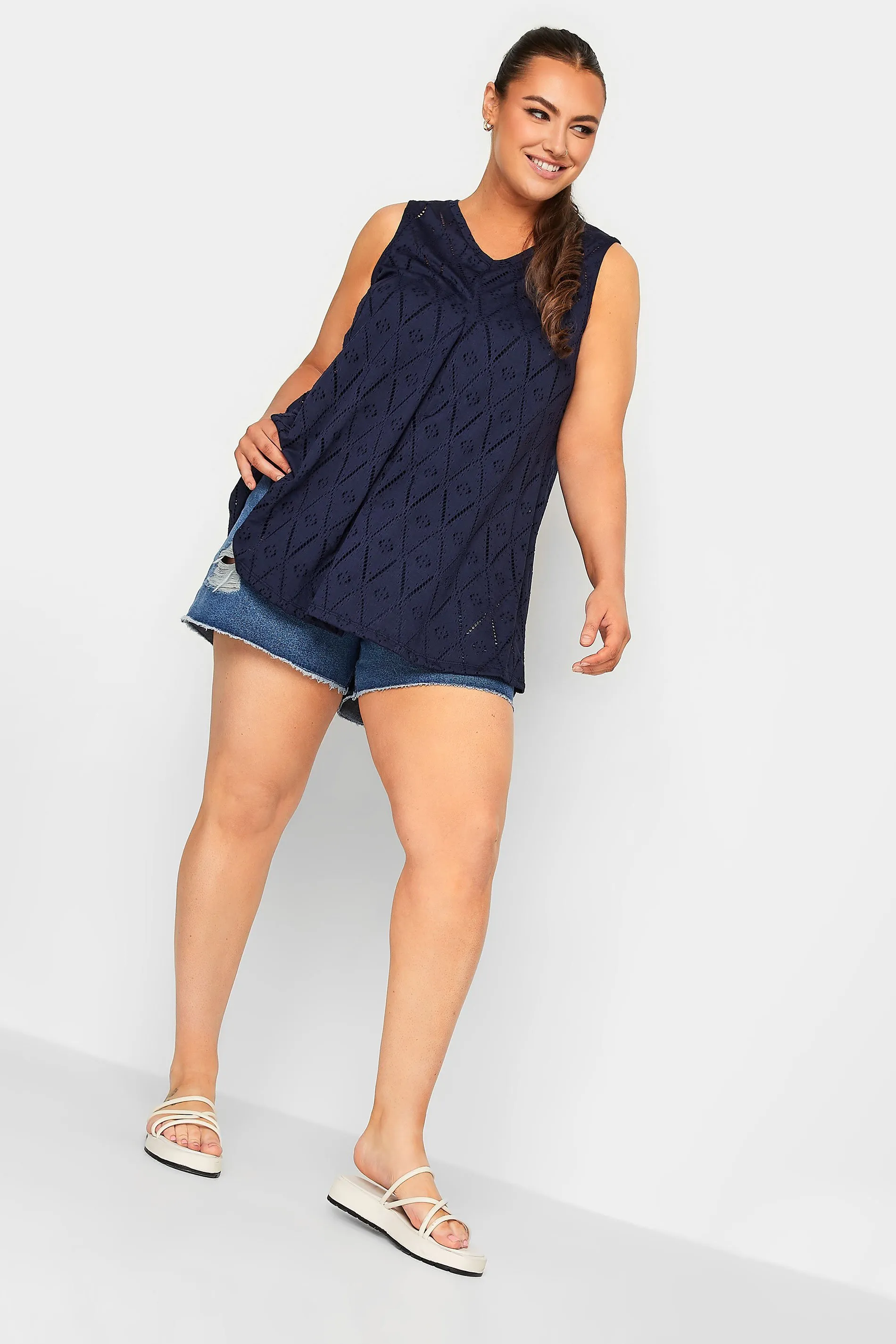 YOURS Curve Navy Blue Broderie Anglaise Pleated Vest Top