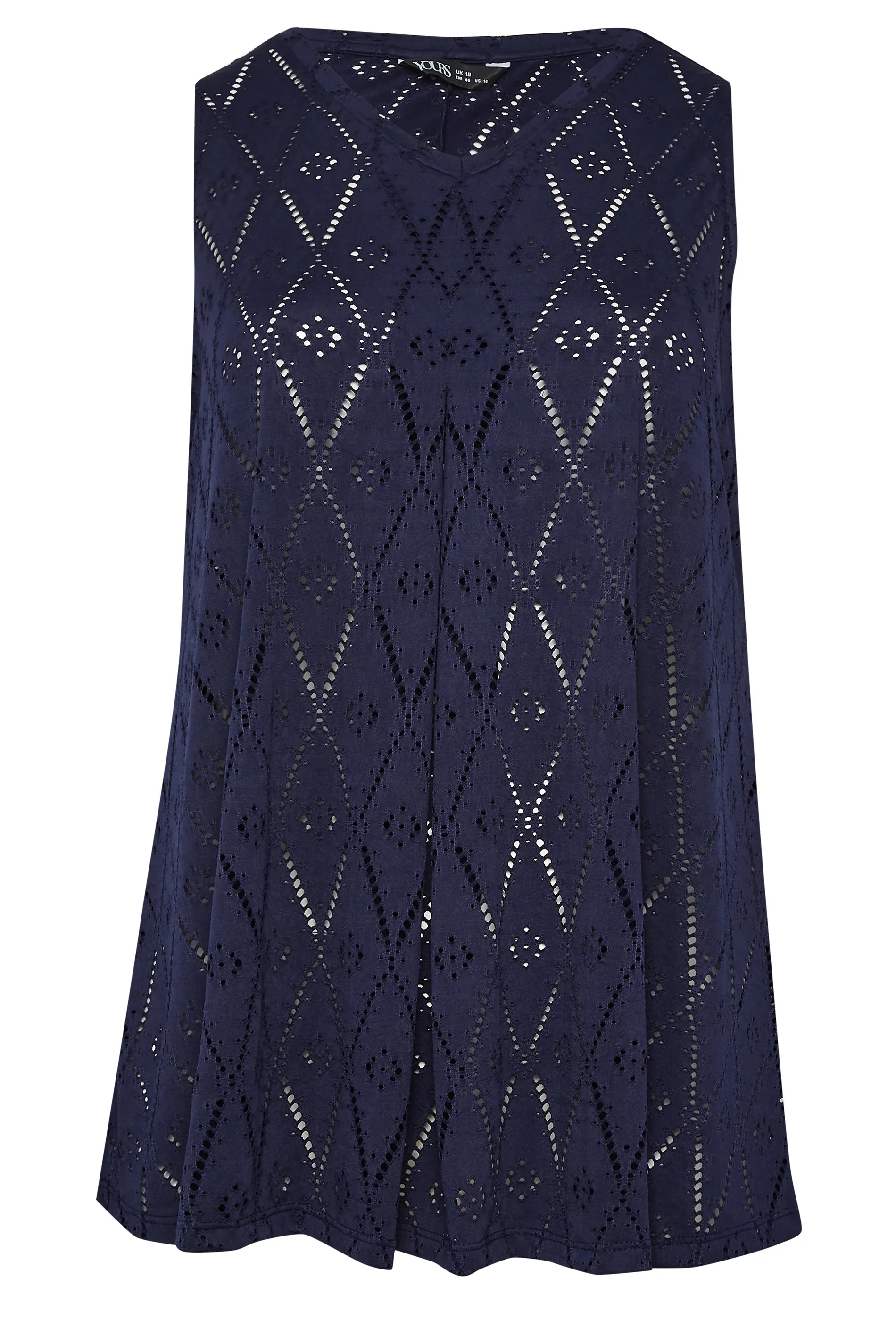 YOURS Curve Navy Blue Broderie Anglaise Pleated Vest Top