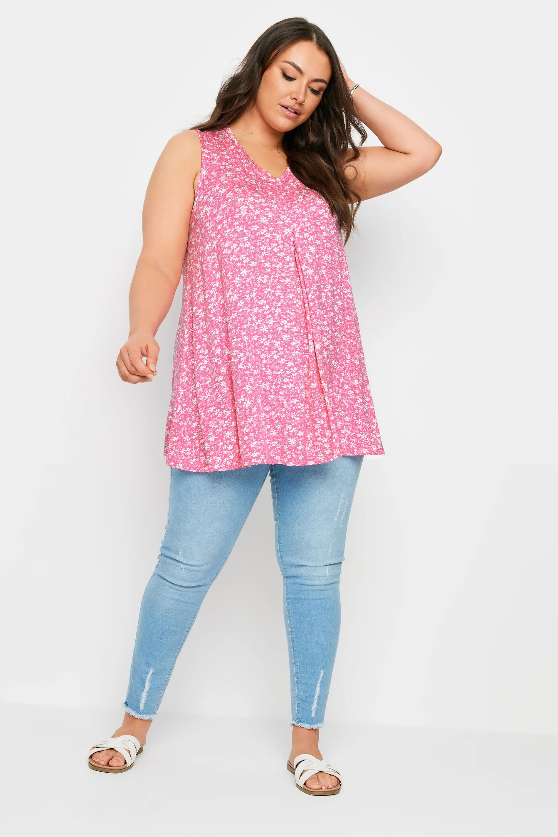 YOURS Curve Pink Ditsy Floral Print Swing Vest Top