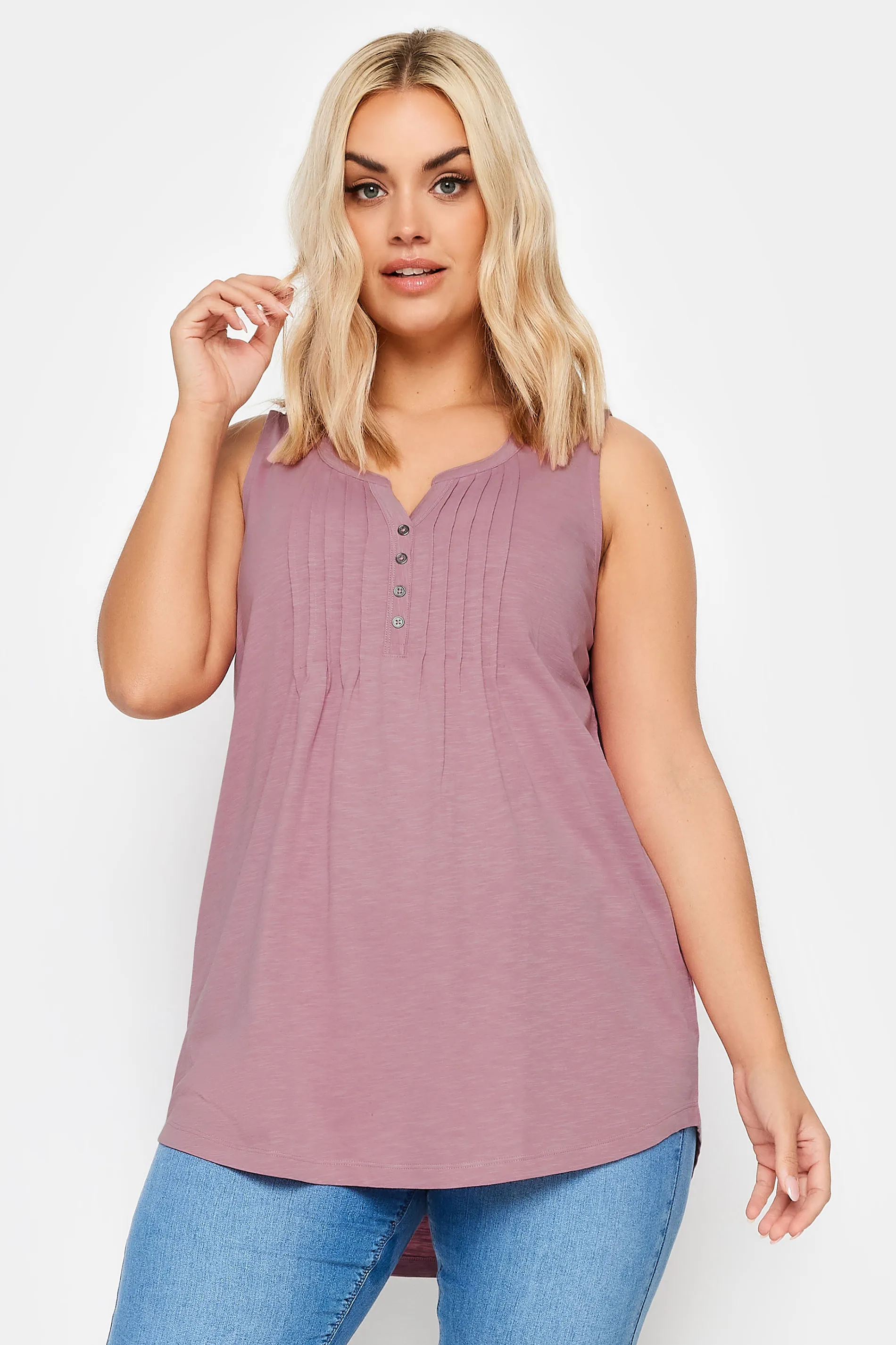 YOURS Curve Pink Pintuck Henley Vest Top