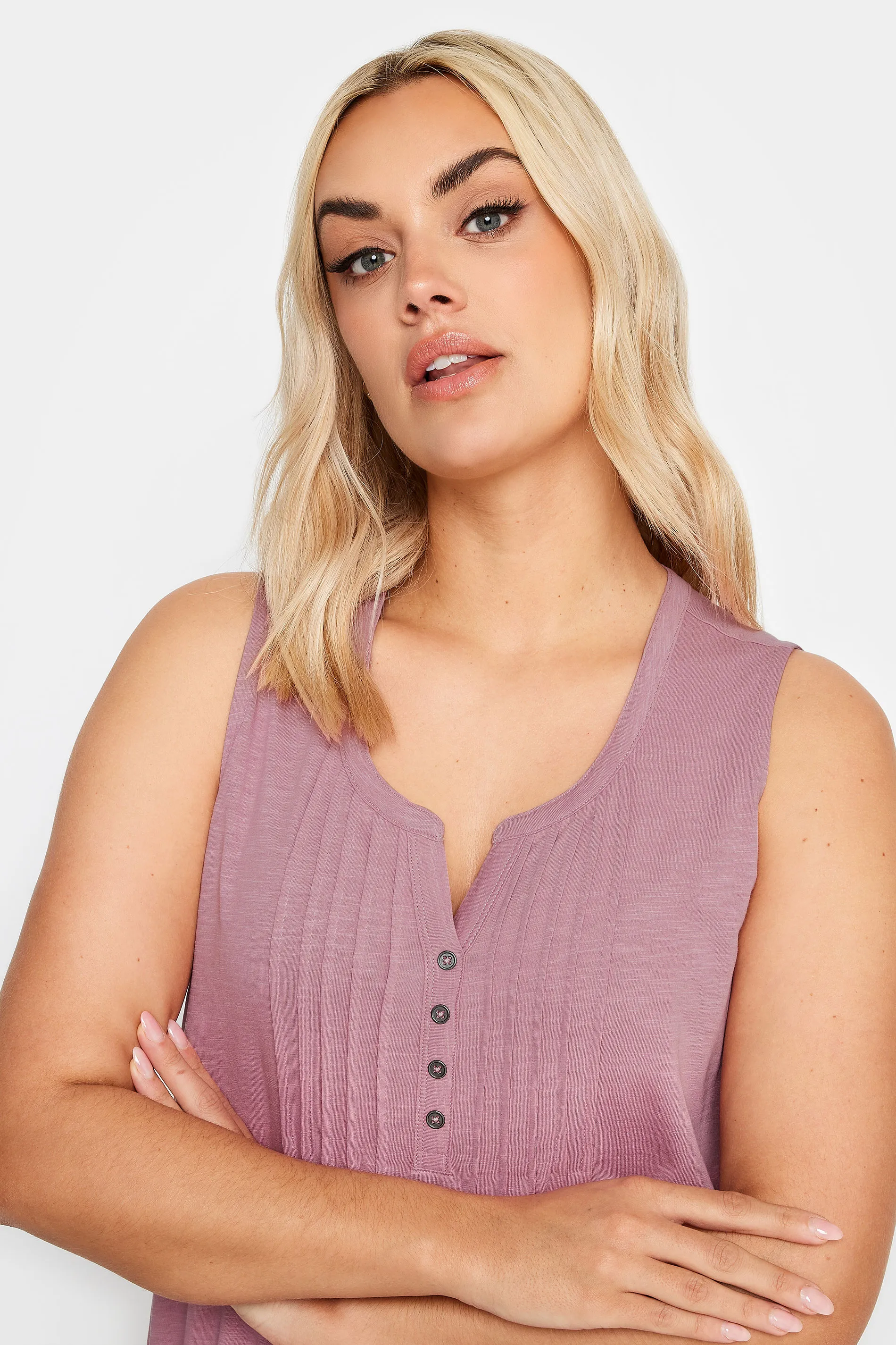 YOURS Curve Pink Pintuck Henley Vest Top