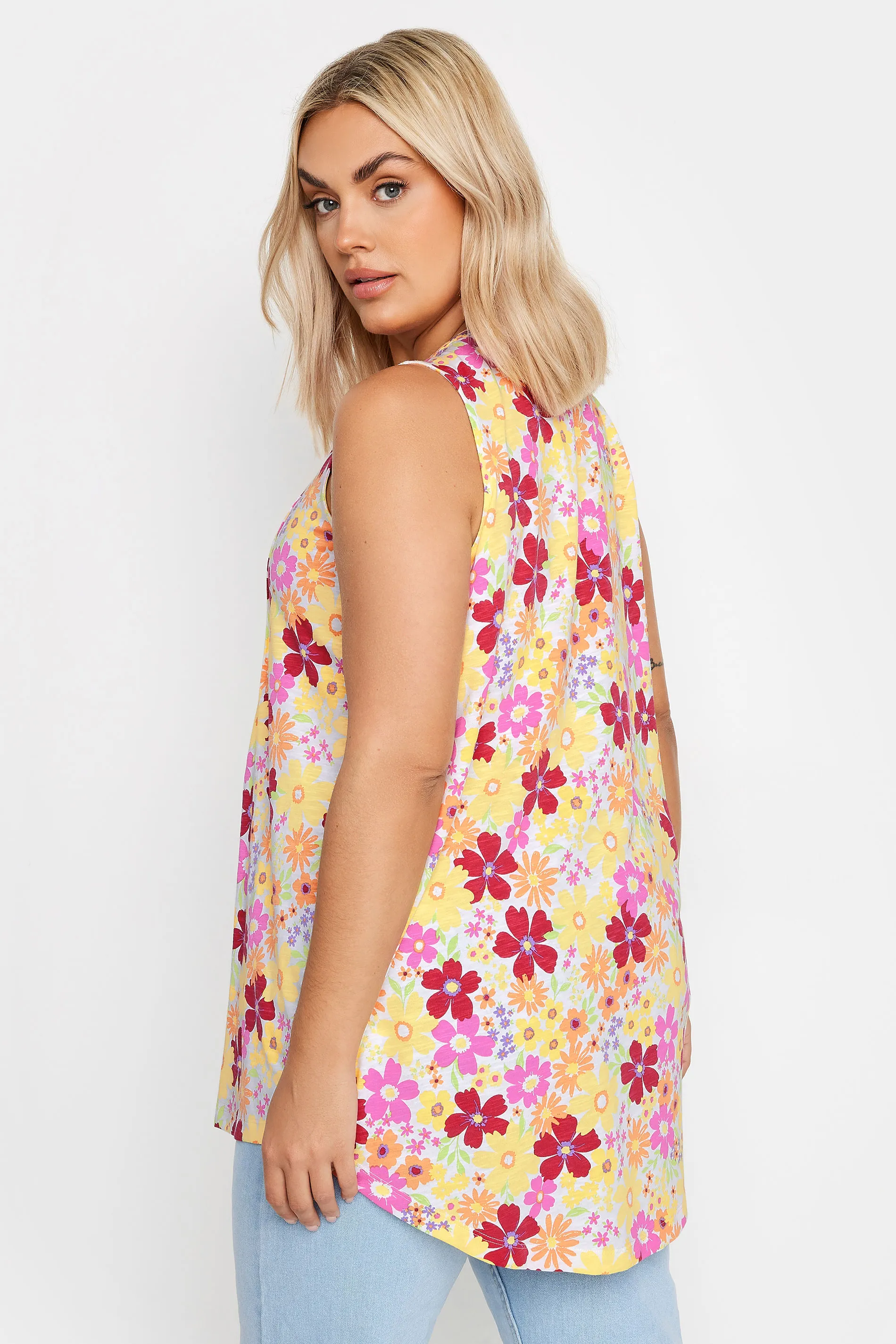 YOURS Curve Yellow Floral Print Pintuck Henley Vest Top