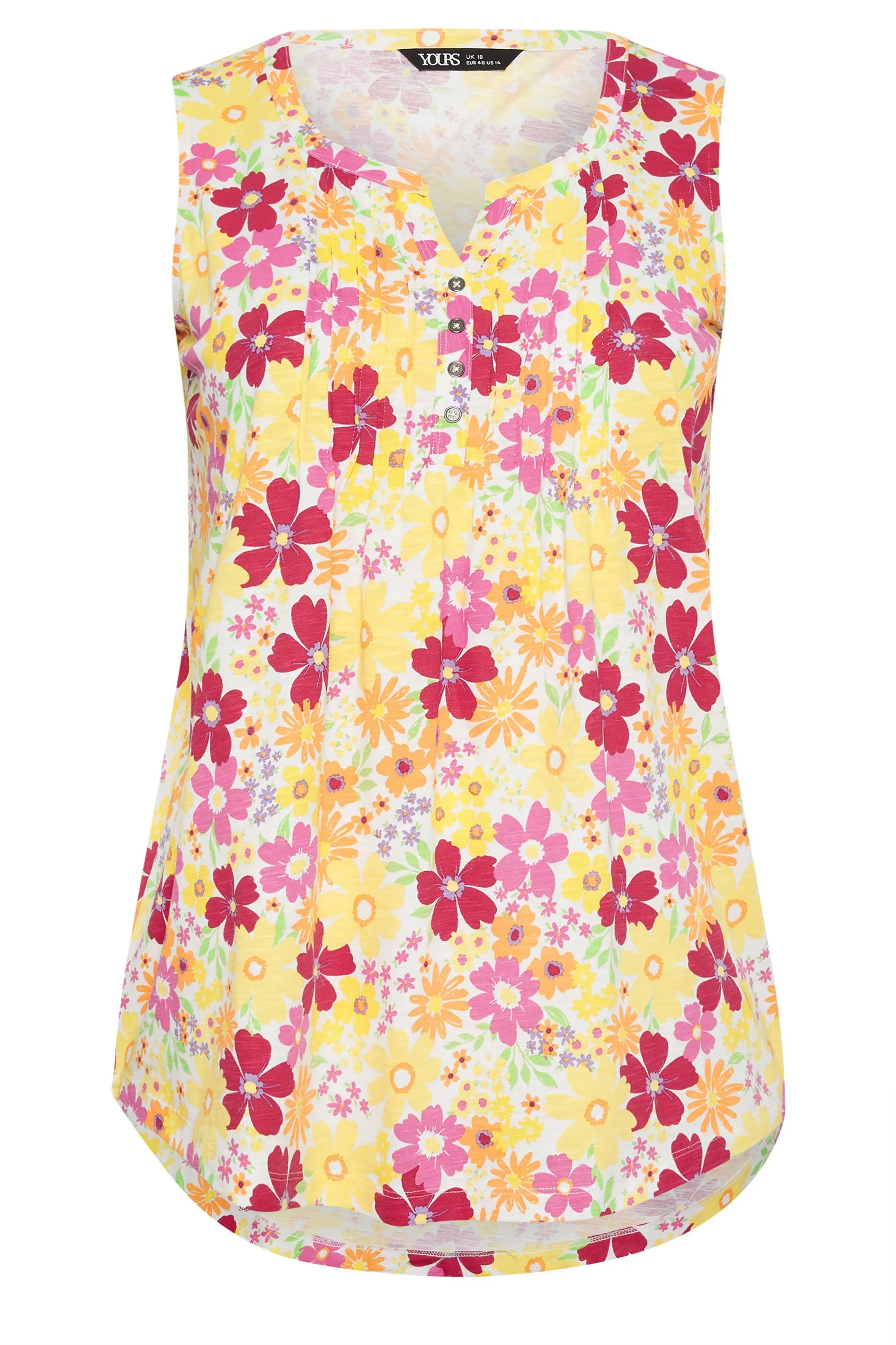 YOURS Curve Yellow Floral Print Pintuck Henley Vest Top